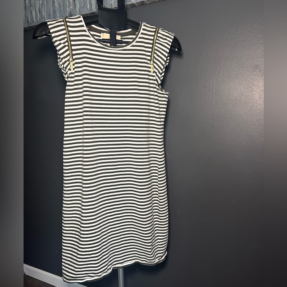 Michael Kors Green and White Striped Dress with Zipper Accents
